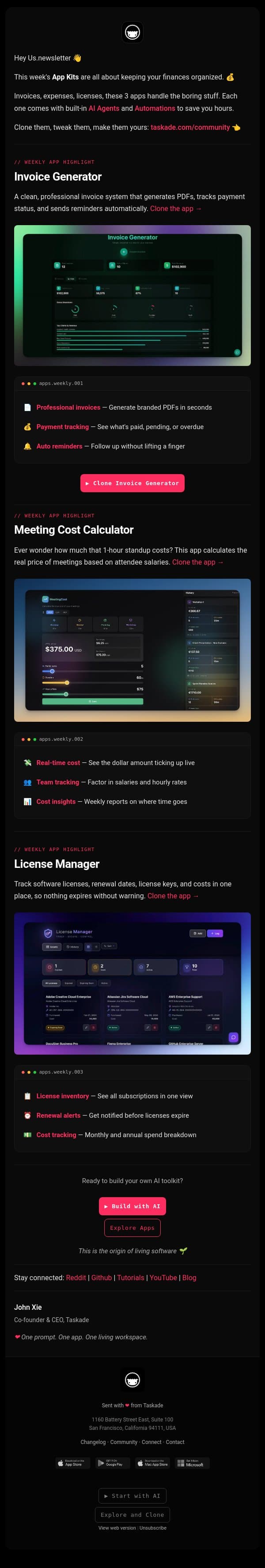🤖 Automate Invoices, Generate Licenses, Cost Calculator email from Taskade screenshot