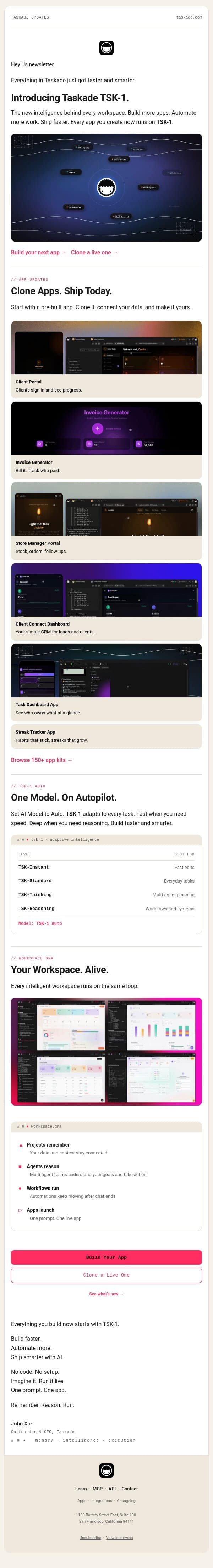 Introducing Taskade TSK-1 email from Taskade screenshot
