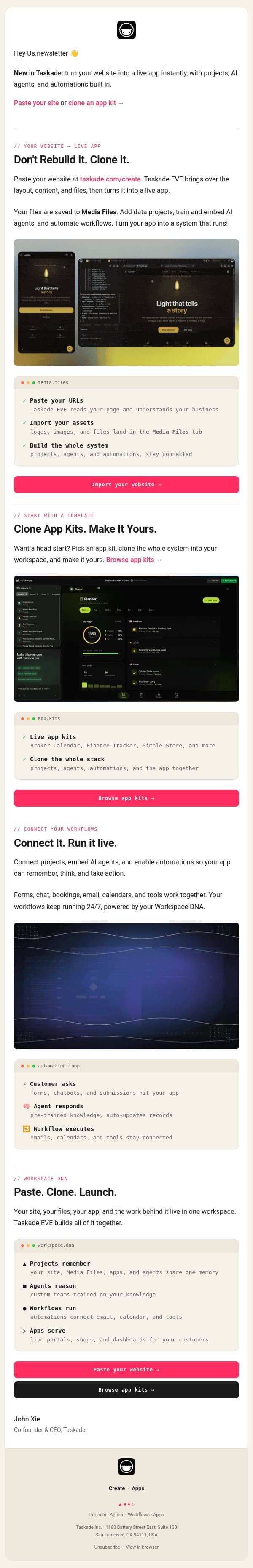Paste. Clone. Launch. email from Taskade screenshot
