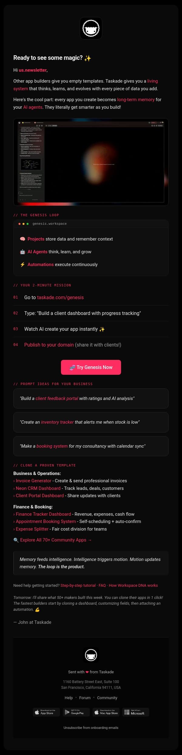 Your first app is 2 minutes away email from Taskade screenshot