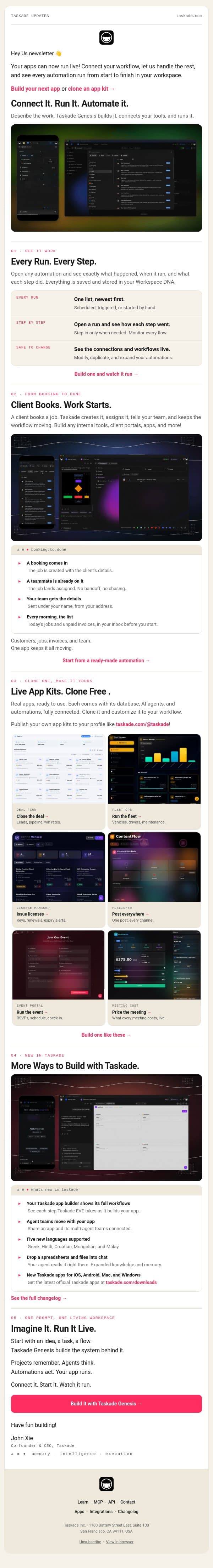 Connect It. Start It. Watch It Run. email from Taskade screenshot