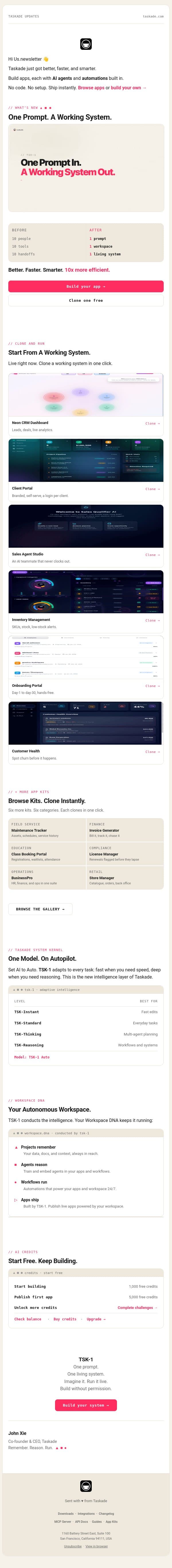 One Prompt. One System. 10x More. email from Taskade screenshot