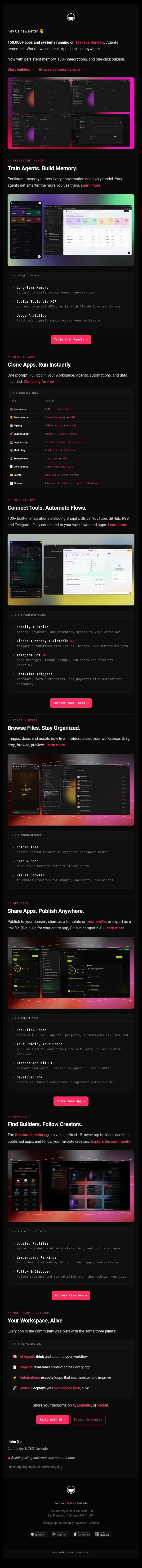 🧬 Agent Memory. Connect Tools. Automate Flows. email from Taskade screenshot