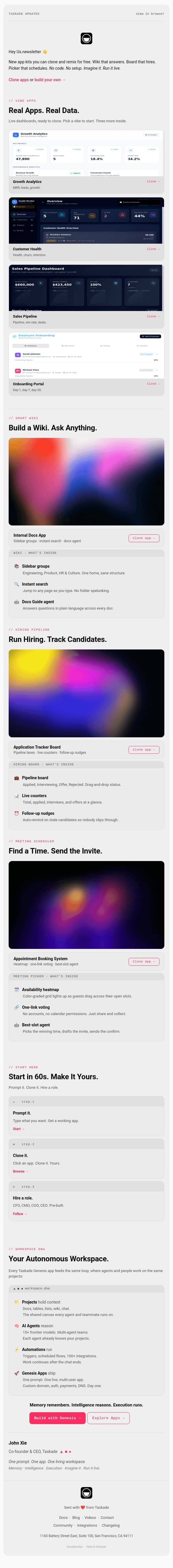Introducing Live Workspace Apps. Wiki. Hiring. Meetings. email from Taskade screenshot