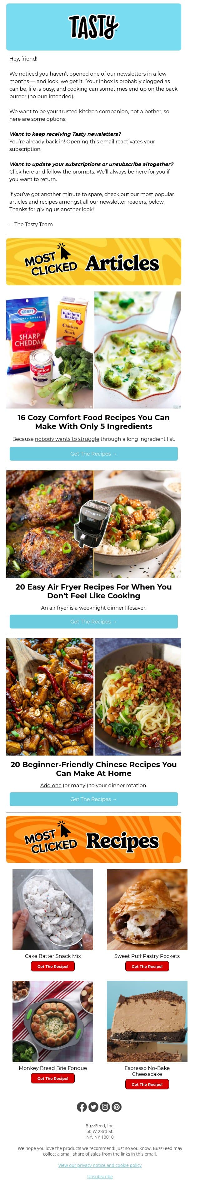 COME BACK (we made food) email from Tasty screenshot