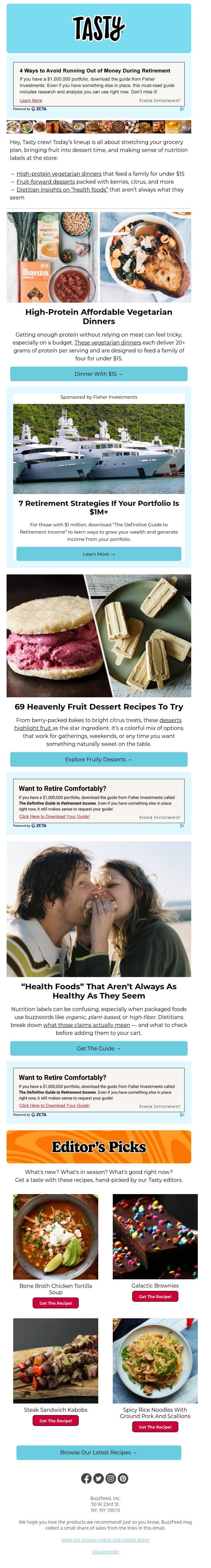 Meatless dinners to feed four for under $15 email from Tasty screenshot