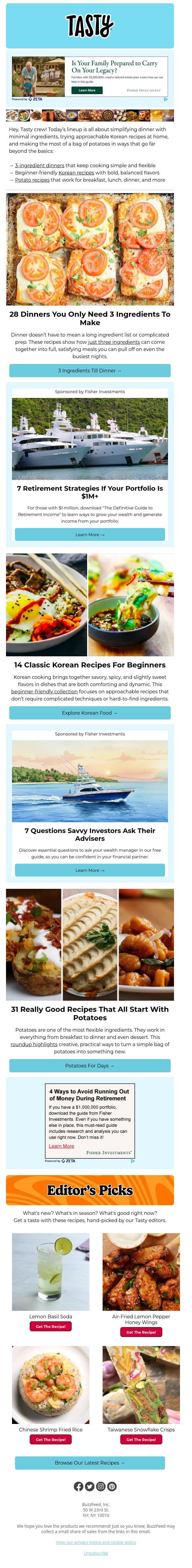 3 ingredients, 28 dinner recipes email from Tasty screenshot