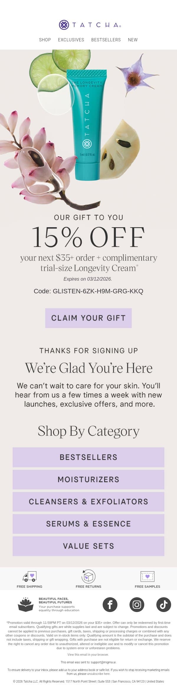 Your welcome gift is inside email from Tatcha screenshot