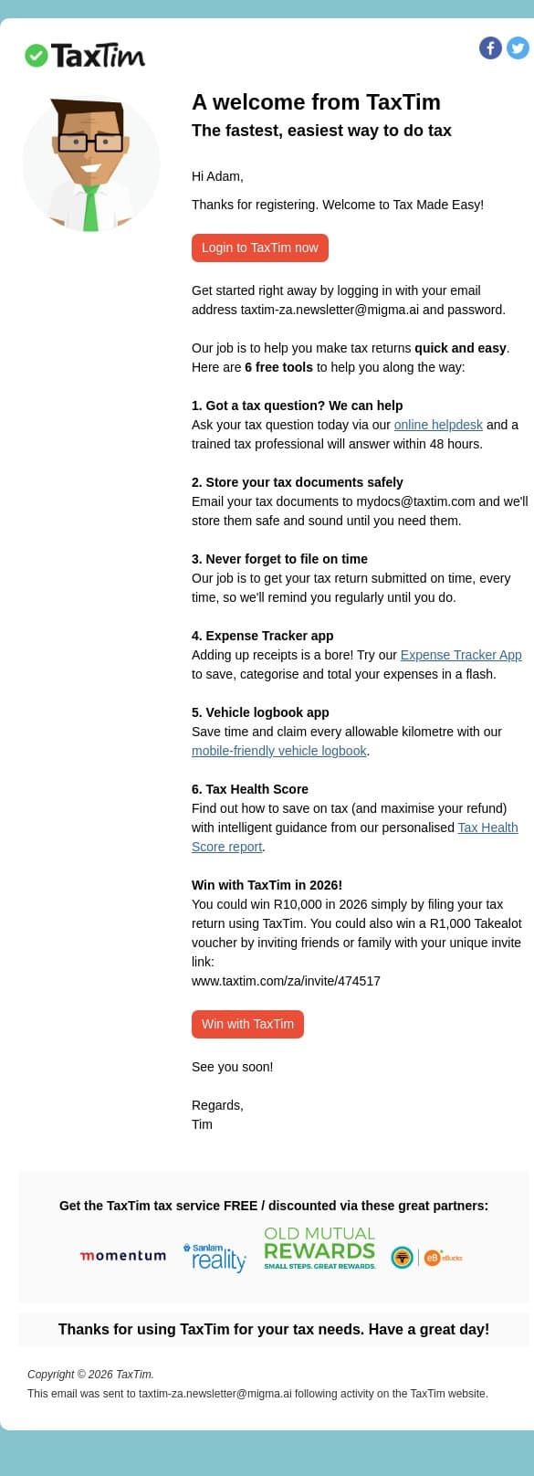 Welcome to TaxTim! Here's 6 free tools to make tax easy email from TaxTim screenshot