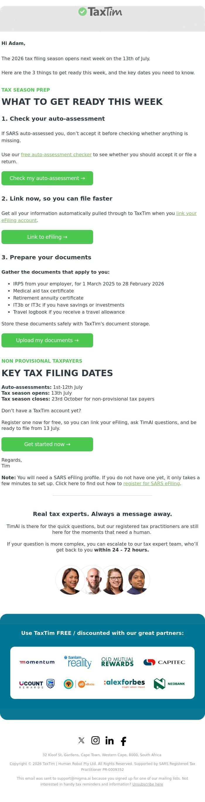 Tax season opens next week email from TaxTim screenshot