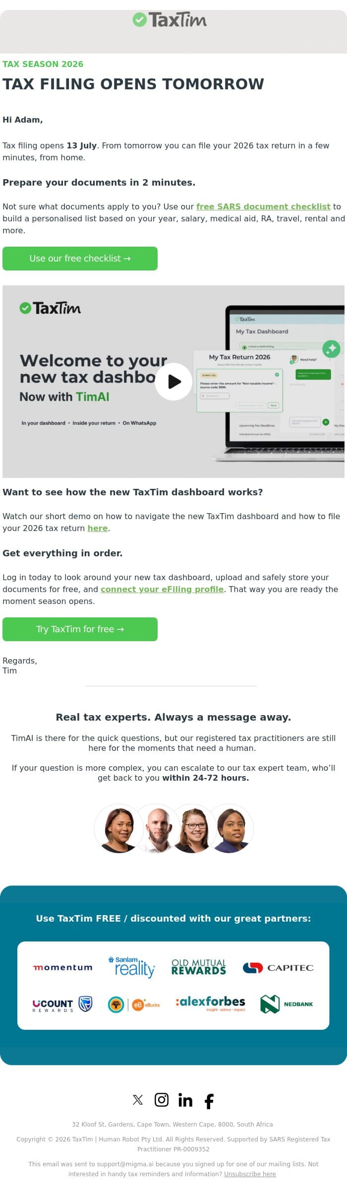 Tax season opens tomorrow email from TaxTim screenshot