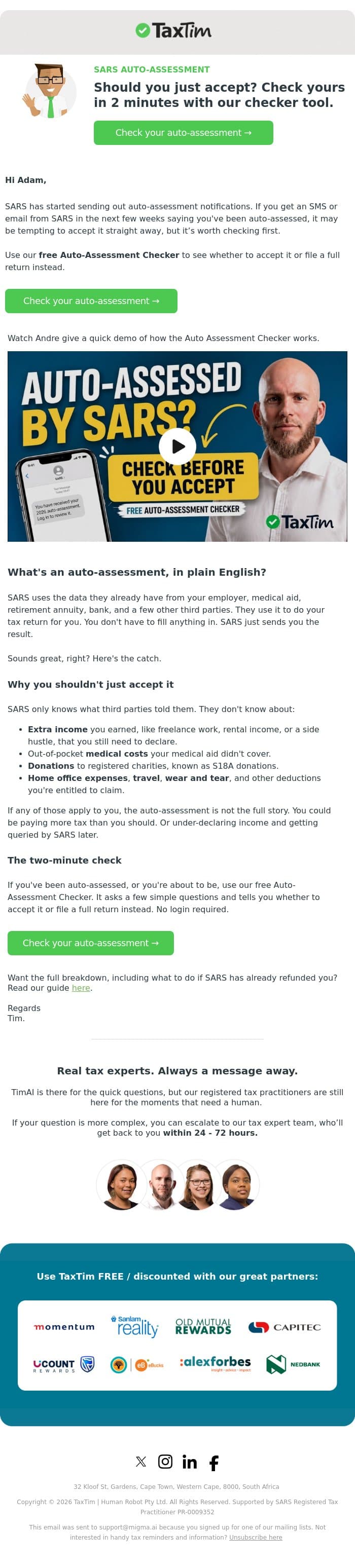 SARS has started sending auto assessments email from TaxTim screenshot