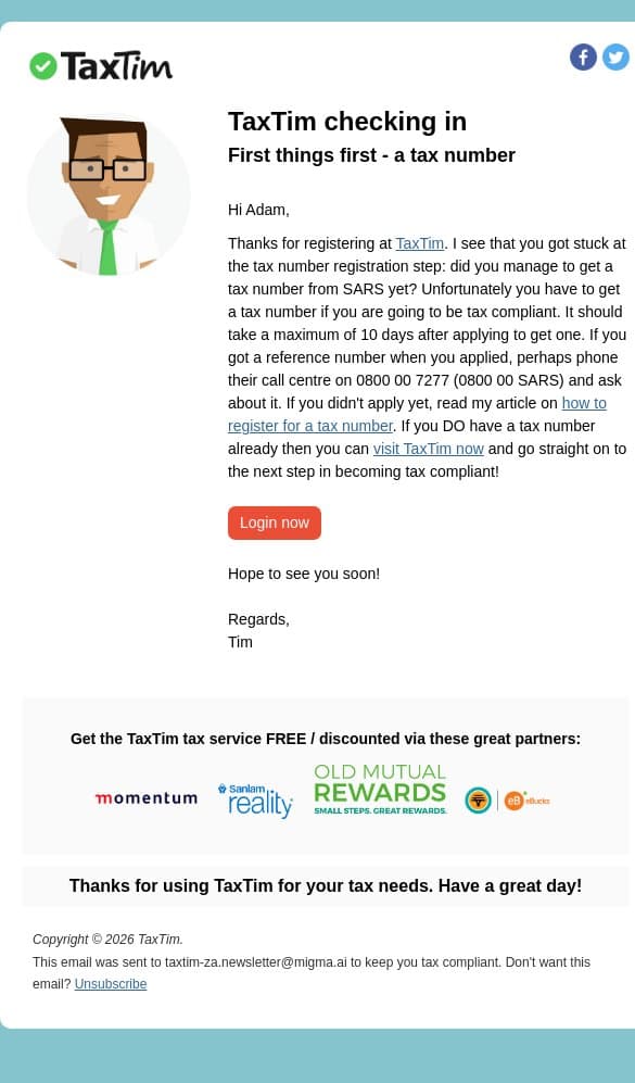 Did you get your tax number yet? email from TaxTim screenshot