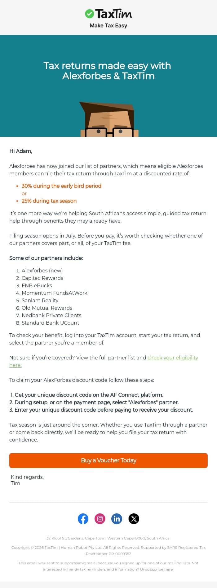 We’re expanding our TaxTim partner benefits email from TaxTim screenshot