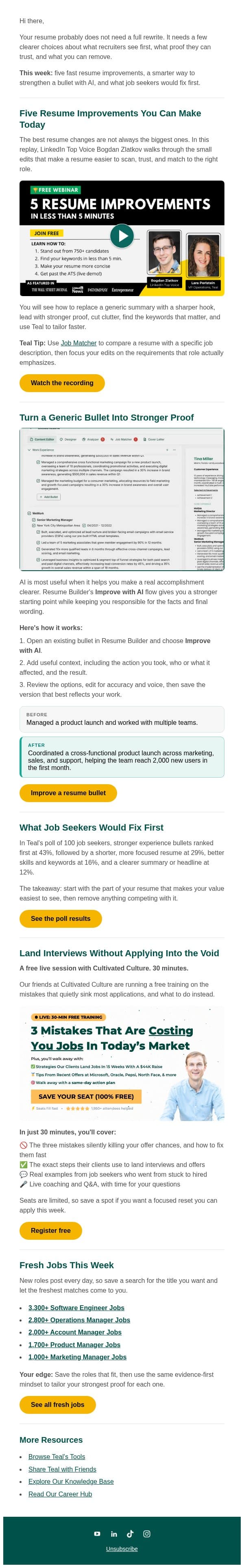 Resumes Recruiters Trust email from Teal screenshot