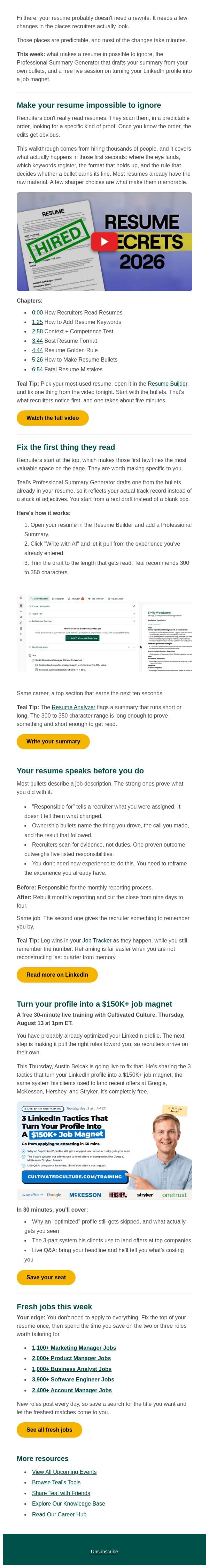 What recruiters scan first email from Teal screenshot