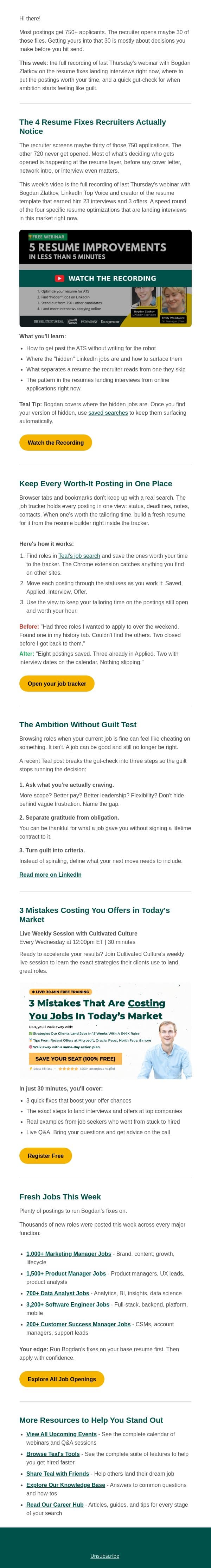 23 Interviews, 3 Offers email from Teal screenshot