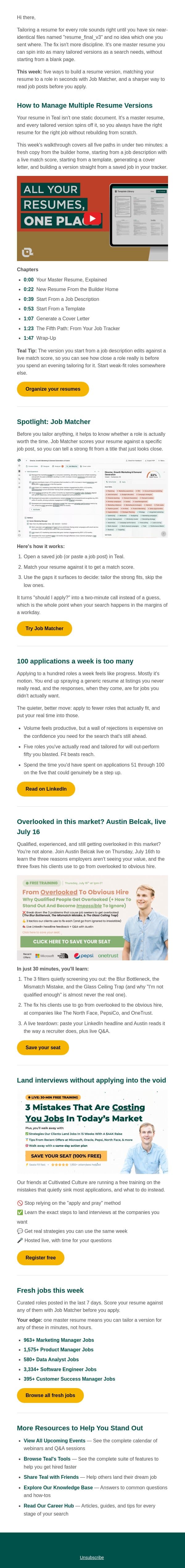 Stop rebuilding your resume email from Teal screenshot