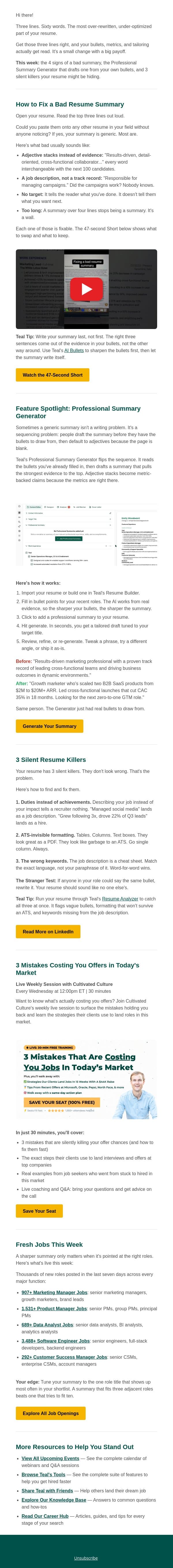 Stop writing summaries email from Teal screenshot