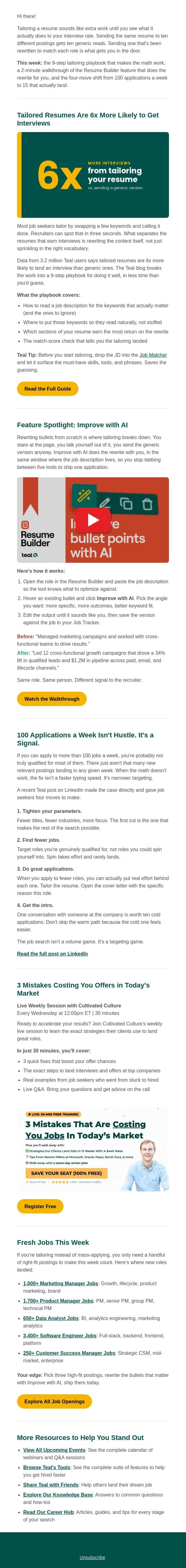 6x more interviews email from Teal screenshot