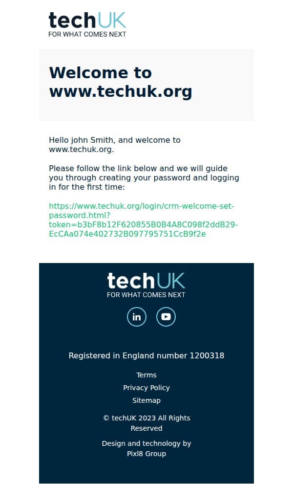 Welcome to www.techuk.org email from TechUK screenshot