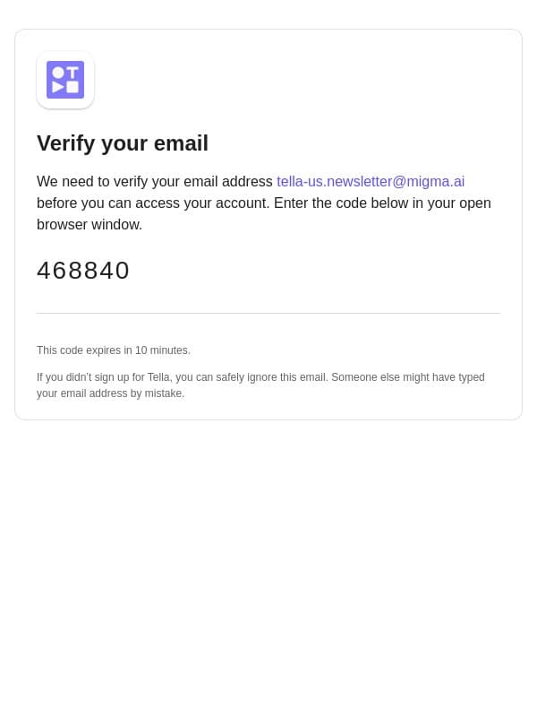 Verify your email address email from Tella screenshot
