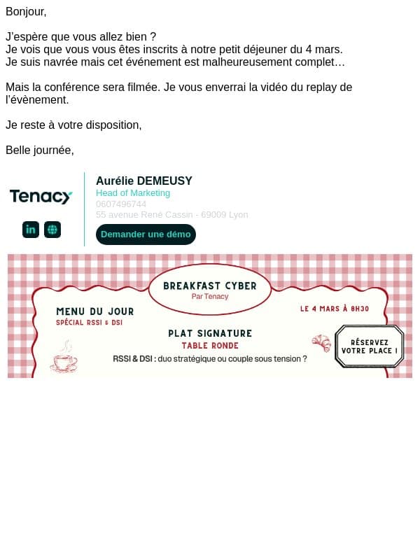 Votre inscription au petit déjeuner Tenacy du 4 mars email from Tenacy screenshot