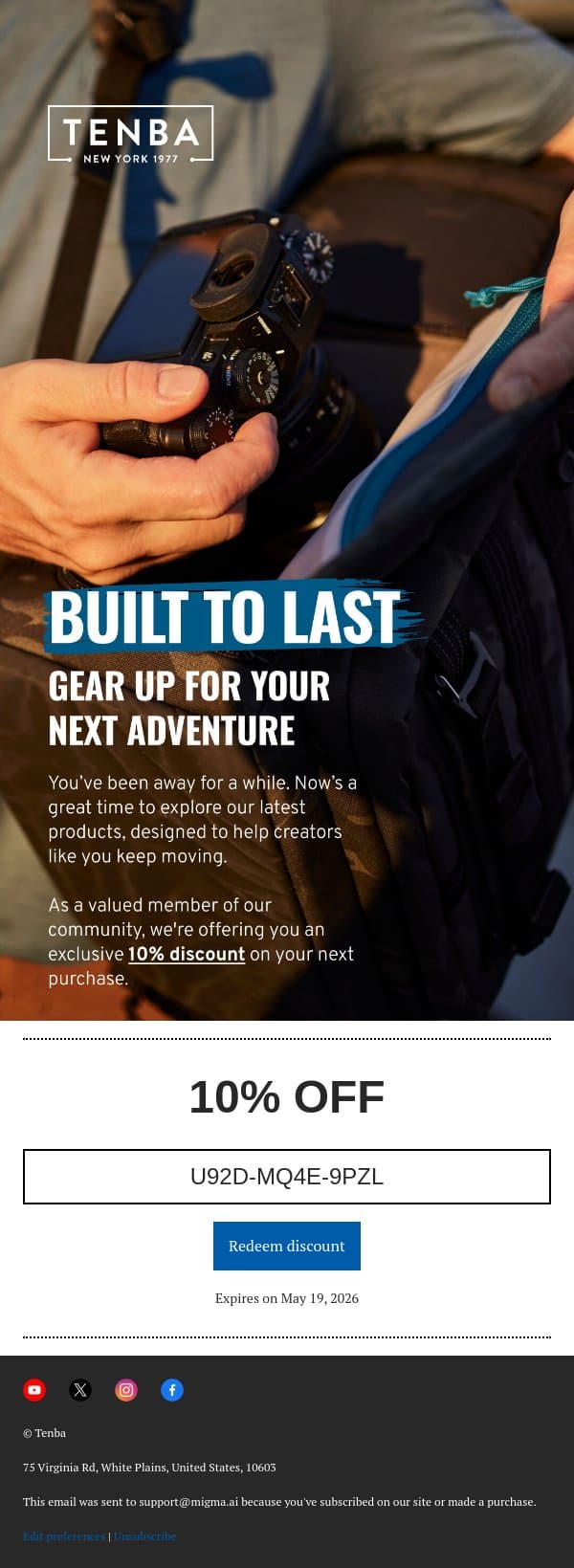 Still creating? We’ve got an exclusive offer for that. email from Tenba screenshot