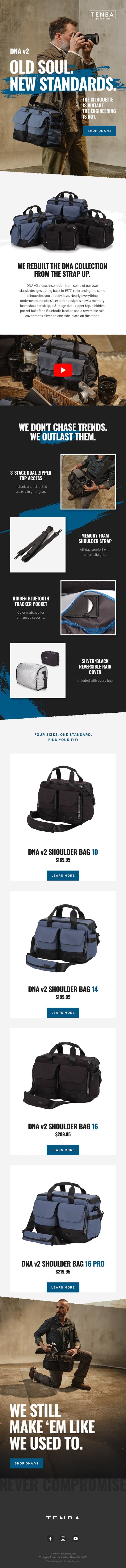 Meet the redesigned DNA v2 Shoulder Bag collection. email from Tenba screenshot