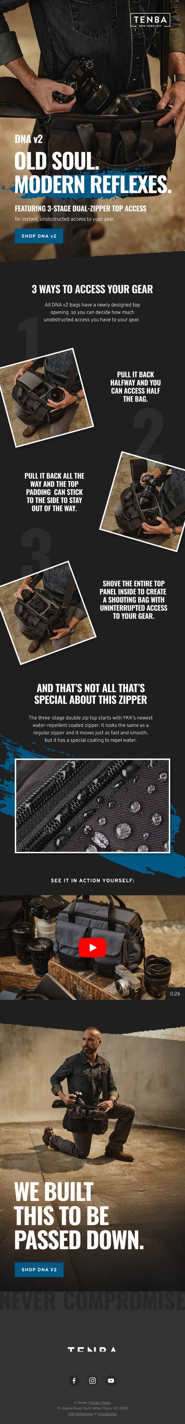 The NEW DNA v2: With 3-Stage Dual-Zipper Top Access email from Tenba screenshot
