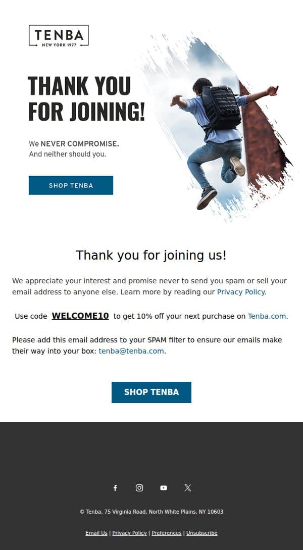 Welcome to Tenba email from Tenba screenshot