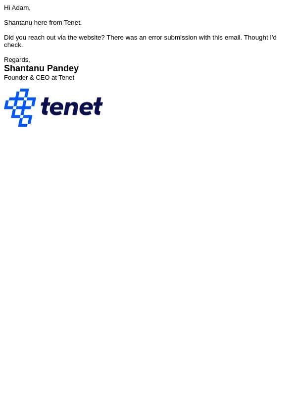 Shantanu from Tenet email from Tenet screenshot