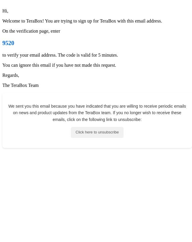 9520 is your TeraBox verification code email from TeraBox screenshot
