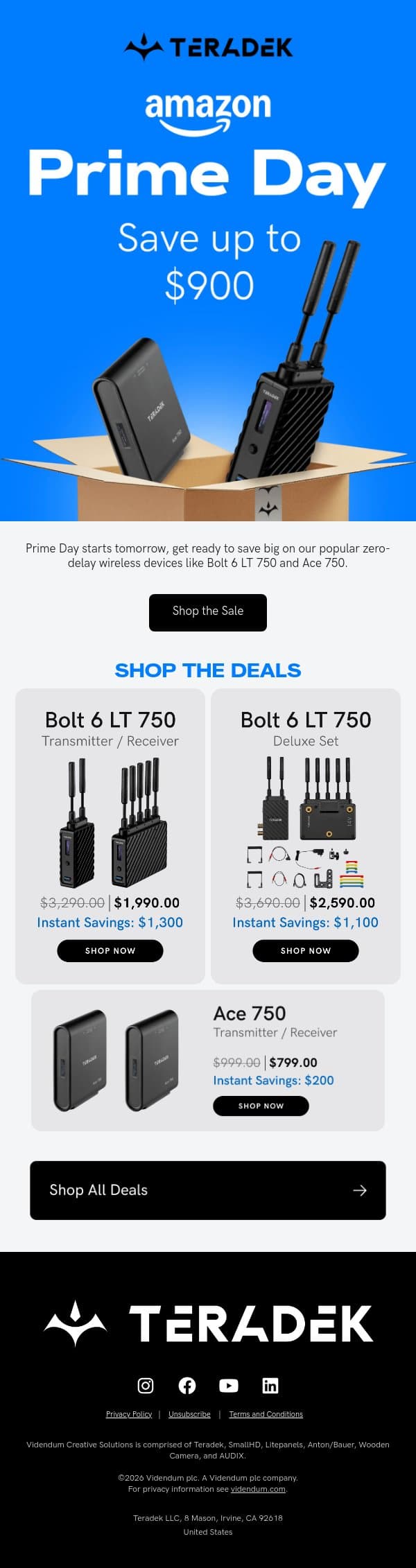It’s time, Amazon Prime Day is here! Save up to $900 on zero-delay wireless! email from Teradek screenshot