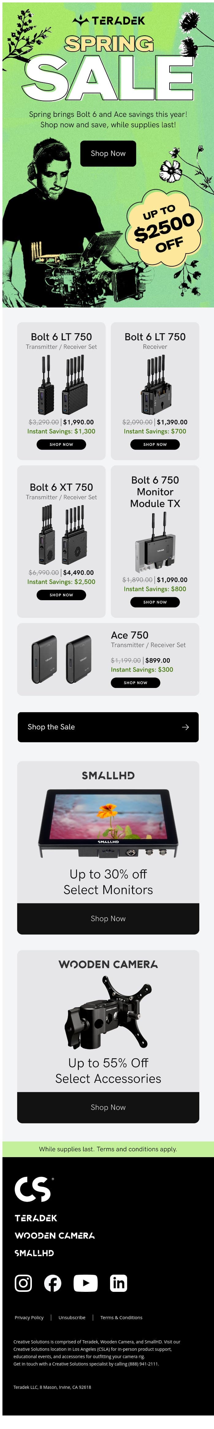 Spring savings are here - save up to 40%! email from Teradek screenshot