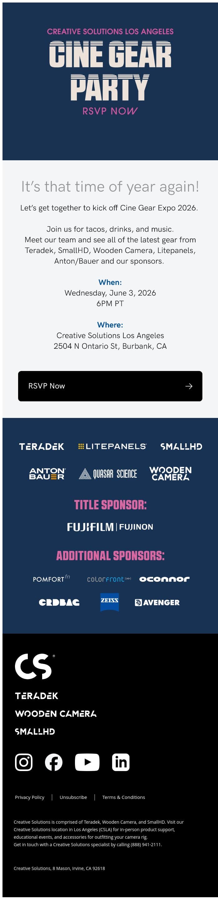 You’re Invited: Cine Gear LA Kickoff Party at Creative Solutions Los Angeles email from Teradek screenshot