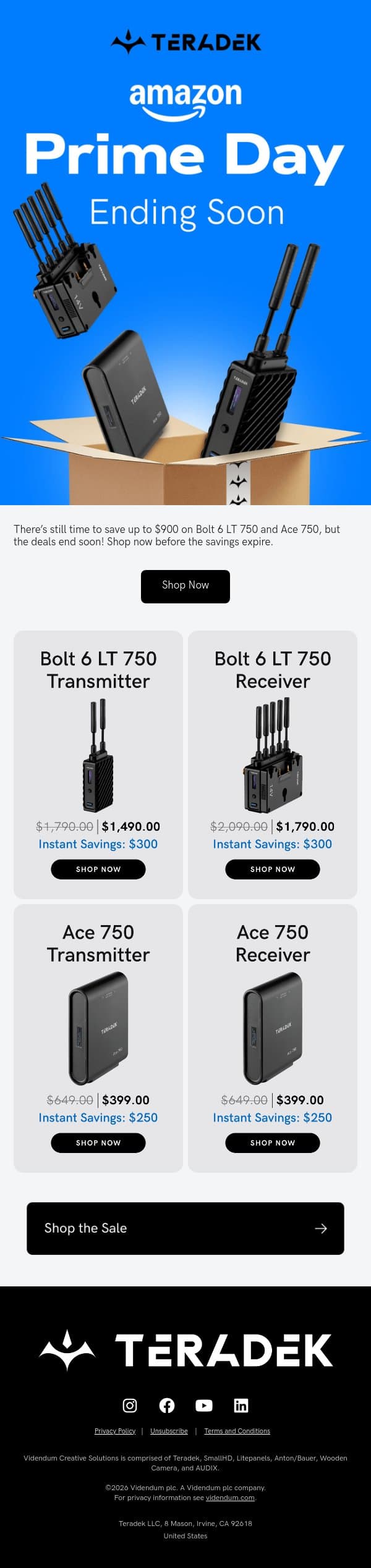 Amazon Prime Day Discounts End Today! Shop Now and Save. email from Teradek screenshot