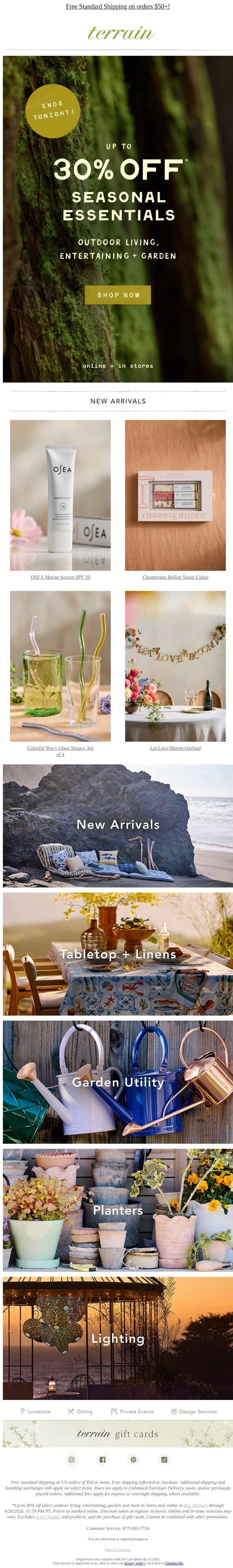 Ends tonight! Up to 30% OFF spring essentials email from Terrain screenshot