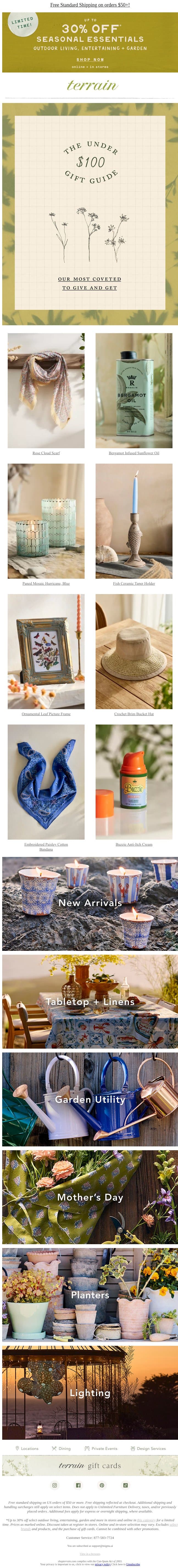 The $100 and Under Mother's Day Gift Guide email from Terrain screenshot