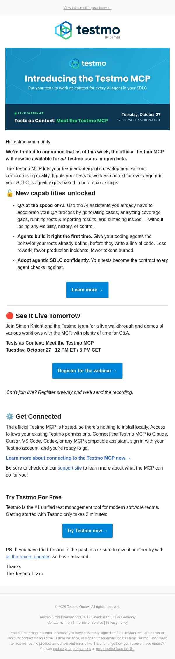 UPDATE: Official Testmo MCP Now Available email from Testmo screenshot