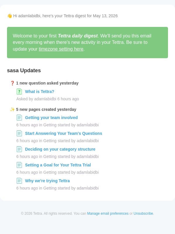 🐟 Welcome to the Tettra Daily Digest for sasa - May 13, 2026 email from Tettra screenshot