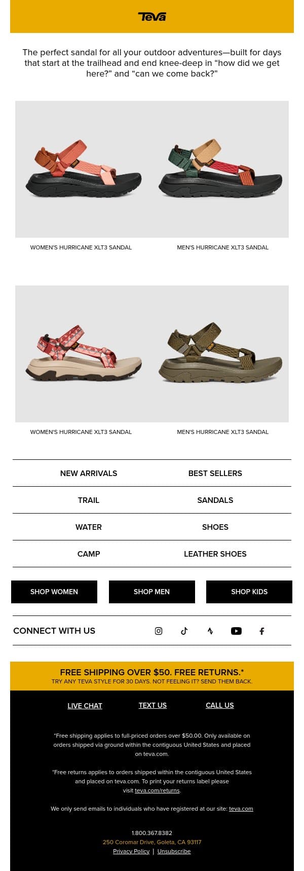 New & Improved: The Hurricane XLT3 is the adventure sandal you need.​ email from Teva screenshot