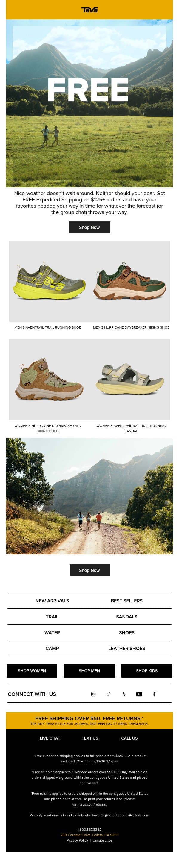 2 Days Only! Free Expedited Shipping on $125+ orders! email from Teva screenshot
