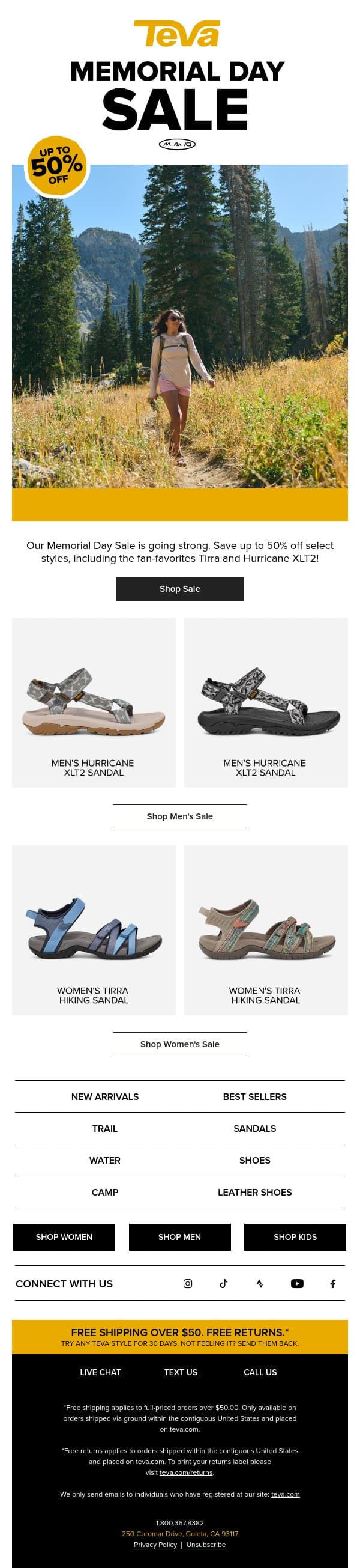 UP TO 50% OFF BESTSELLERS FOR MEMORIAL DAY! email from Teva screenshot