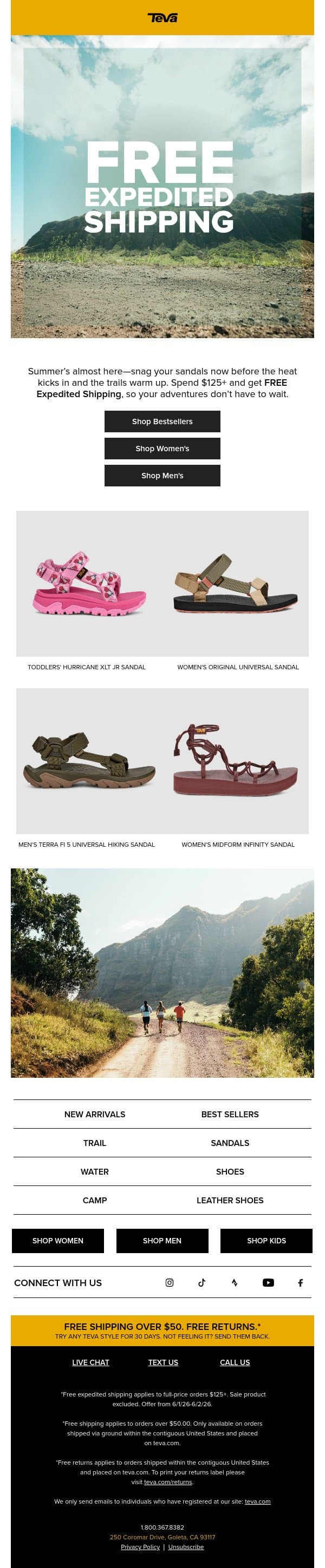2 Days Only! Free Expedited Shipping on $125+ email from Teva screenshot