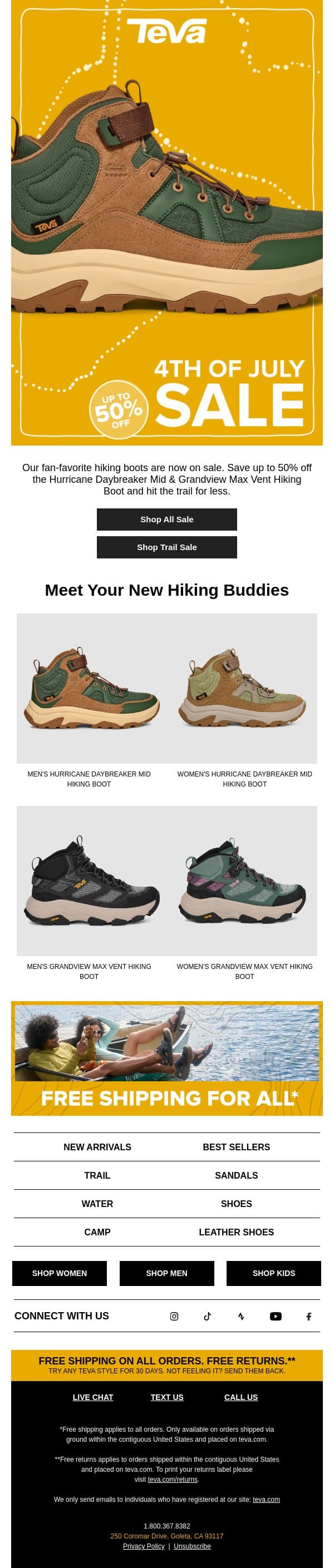 Hiking boots up to 50% off 🏕️ email from Teva screenshot