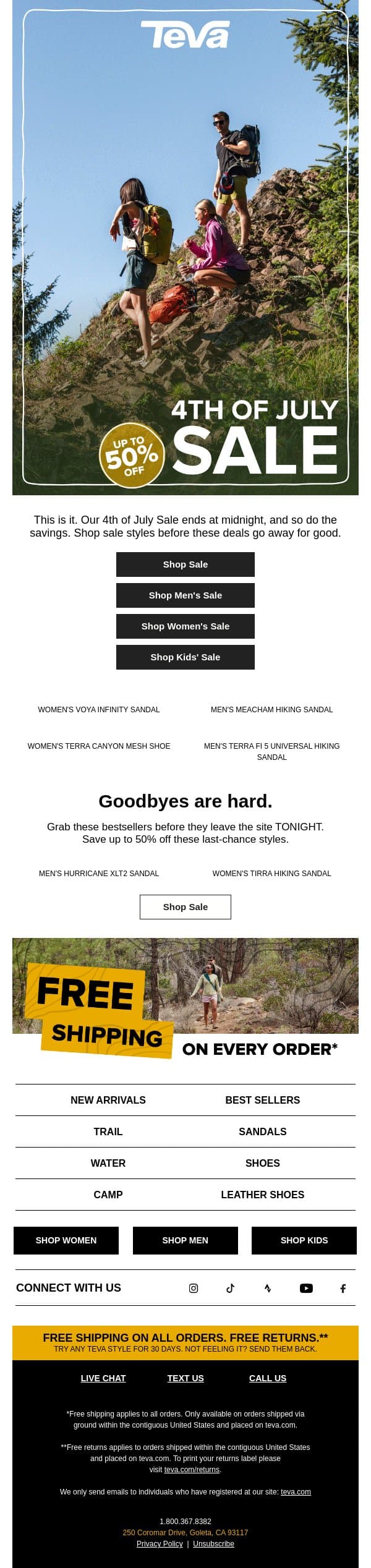 UP TO 50% OFF ‘TIL MIDNIGHT! email from Teva screenshot