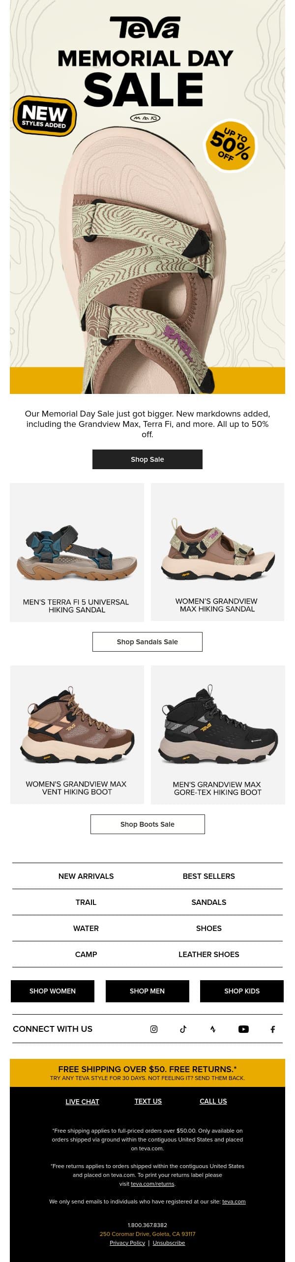 New Markdowns Added! 50% Off email from Teva screenshot