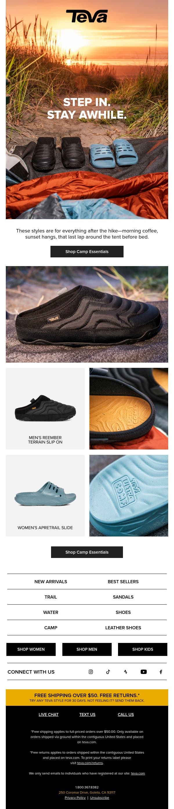 Camp just got comfy 🏕️ email from Teva screenshot