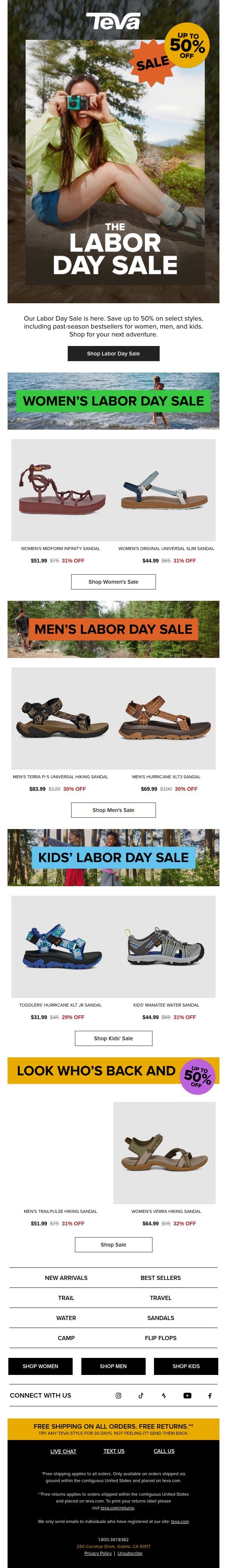UP TO 50% OFF FOR LABOR DAY SALE email from Teva screenshot